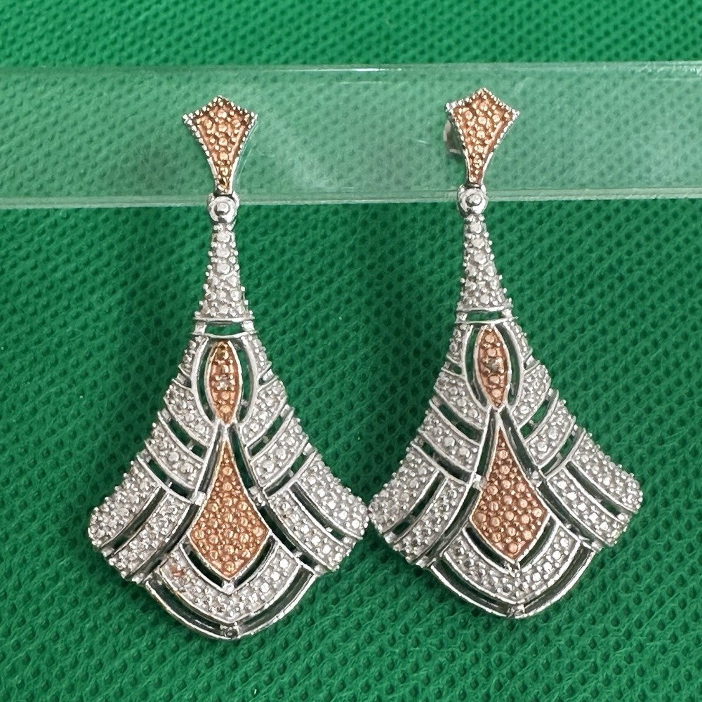 Karis .925 STS Two Toned Art Deco Style‎ Drop Pierced Earrings - Flaw, Read